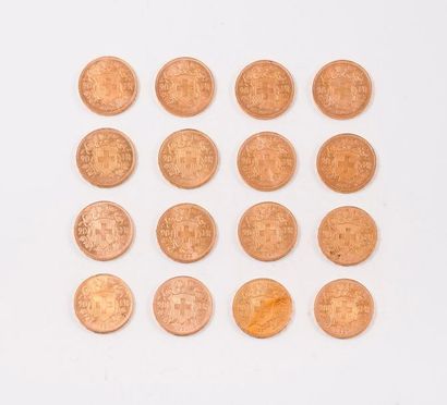 null SUISSE

Lot de 16 pièces en or de 20 Francs.

1897 (x1) - 1922 (x1) - 1927 (x8)...