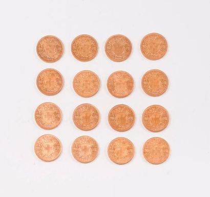 null SUISSE

Lot de 16 pièces en or de 20 Francs.

1935 (x13) - 1847 (x3).

Poids...