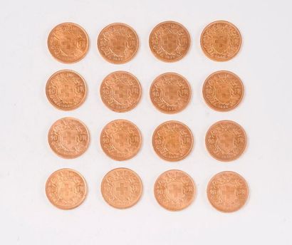 null SUISSE

Lot de 16 pièces en or de 20 Francs. 1935.

Poids total : 103 g.

Bel...