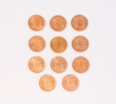 null SUISSE

Lot de 11 pièces en or de 20 Francs. 1935.

Poids total : 70,8 g.

Bel...