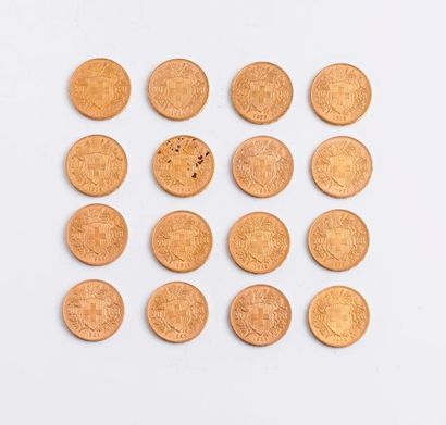 null SUISSE

Lot de 16 pièces en or de 20 Francs.

1898 (x1) - 1899 (x1) - 1914 (x1)...