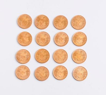 null SUISSE

Lot de 16 pièces en or de 20 Francs. 1935.

Poids total : 103 g.

Bel...