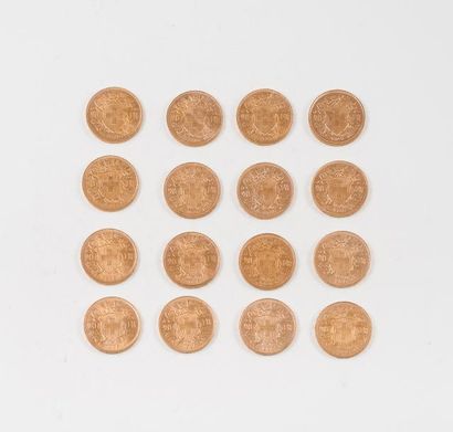 null SUISSE

Lot de 16 pièces en or de 20 Francs.

1935 (x14) - 1947 (x2).

Poids...