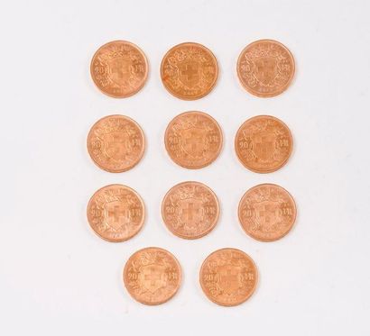 null SUISSE

Lot de 11 pièces en or de 20 Francs. 1947.

Poids total : 70,8 g.

Bel...