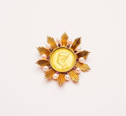 null Broche pendentif en or jaune (750), sertie d'une pièce égyptienne dans un entourage...