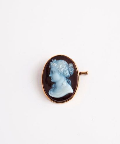 null Broche en or jaune (750) ornée d'un camée sur agate à profil de Diane. 

Poids...