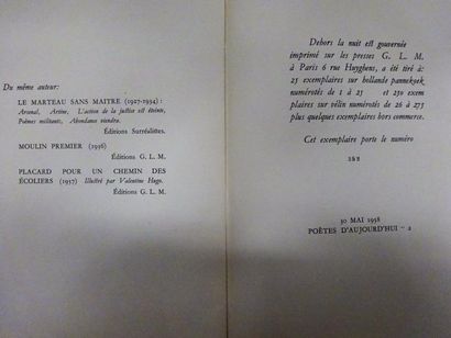 CHAR (René) 

Dehors la nuit est gouvernée.

Paris, G.L.M., 1938 ; in-4 br. Numéroté...