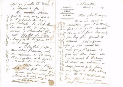 GARNIER (Charles) 

Lettre autographe, signée au peintre FRANÇAIS. Menton, S.d. sur...