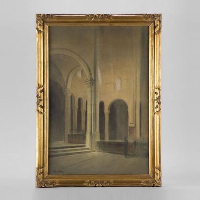 Louis Noel AGERON (1865-1935) 

Intérieur d'église romane.

Fusain et craies sur...