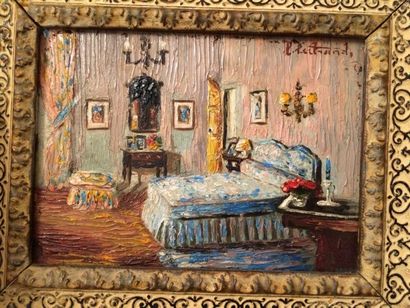 Claire BERTRAND (1890-1969) 

Chambre à coucher.

Huile sur panneau.

Signée en haut...
