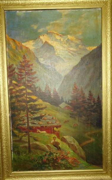 Th SCHMID 

Paysage animé en montagne.

Huile sur toile.

Signée en bas droite.

63...