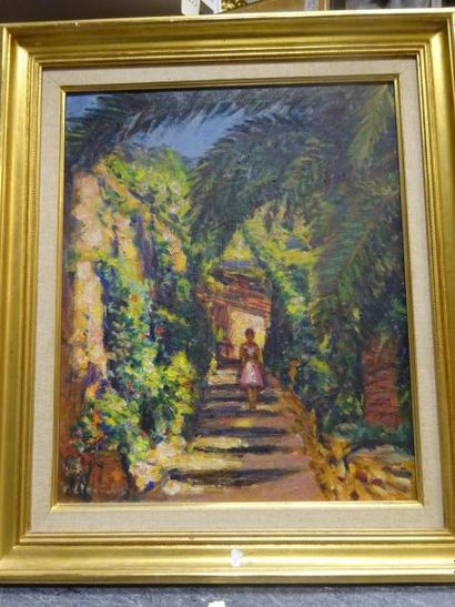 Paul DELTOMBE (1878-1971) 

"Escalier à Villefranche sur mer". 1960.

Huile sur toile.

46...