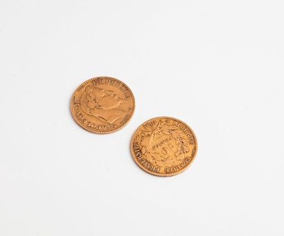 null Deux pièces de 10 Francs en or jaune :

- Une de IIème république, 1851.

-...
