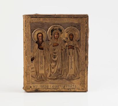 RUSSIE 
Vierge entourée de saints.

Icône rectangulaire peinte sur bois.

Rizza en...