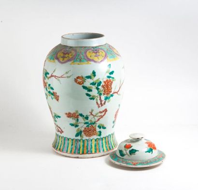 CHINE 

Potiche et un couvercle en porcelaine blanche à décor polychrome de branchages...