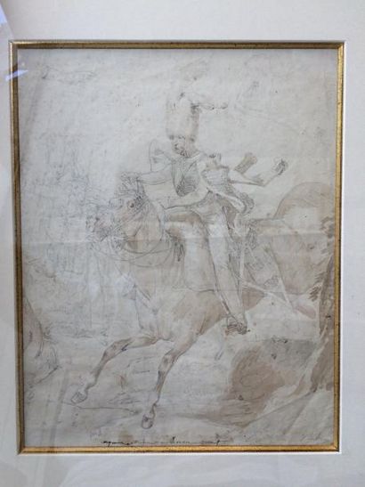 Ecole du XIXème siècle, dans le goût d'Horace VERNET. 

Etude de chasseurs à cheval...