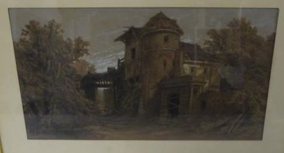 François Fortuné A. FEROGIO (1805-1888) 

Manoir en ruine.

Dessin au fusain, lavis...
