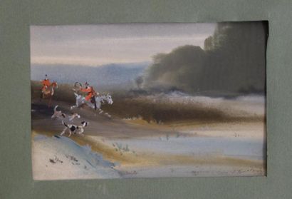 Baron Jules FINOT (1827-1906) 

Deux cavaliers et deux chiens de chasse à courre.

Aquarelle...