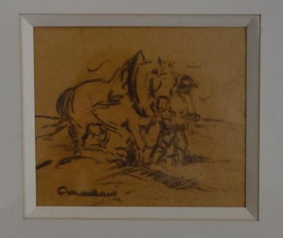 Fernand MAILLAUD (1863-1948). 

Cheval de trait et son meneur. 

Dessin au crayon...