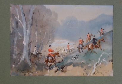 Baron Karl REILLE (1886-1974) 

Scène de chasse à courre, la montée de la colline.

Aquarelle...