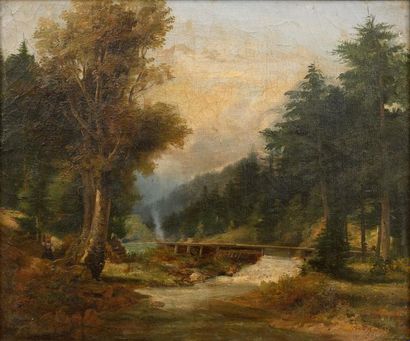 ECOLE FRANCAISE DU XIXème siècle 

Pont sur le torrent en forêt.

Huile sur toile....