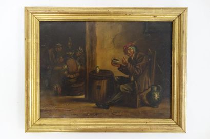 Ecole du XIXème siècle. 

Scène de taverne. 

Huile sur cuivre. 

19,5 x 26 cm.
...