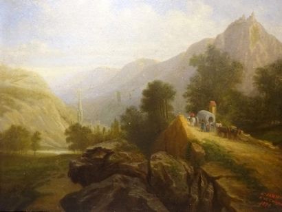 D'après COIGNET 

E. JANSEN (XIXème-XXème)

Paysage montagneux, animé d'un attelage...