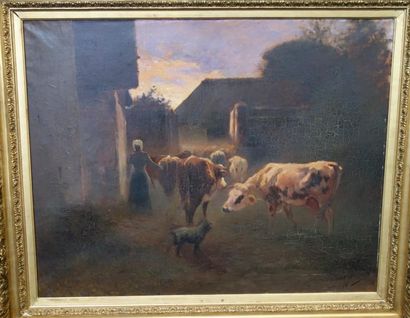 Ecole FRANCAISE de la fin du XIXème siècle 

Fermière ramenant ses vaches à l'étable.

Huile...