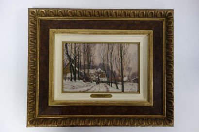 omer coppens (1864-1926) 

Route de village sous la neige.

Huile sur panneau.

Signée...