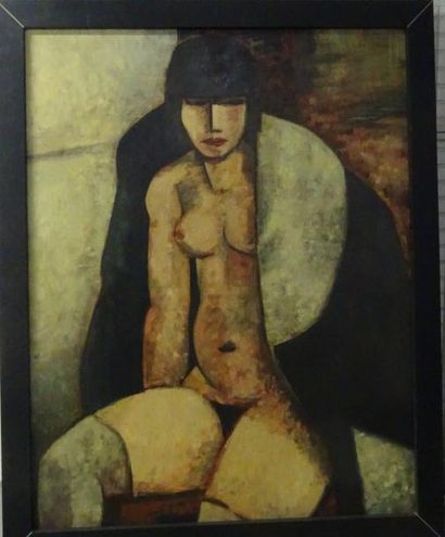 DERIVE (XXème siècle) 

Femme nue assise, au manteau, 1974.

Huile sur toile.

Signée...