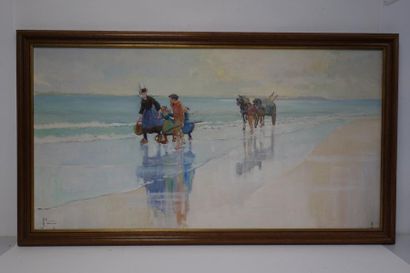 Jean MAREC (XXème-XXIème siècle) 

Bretons sur la plage. 

Huile sur toile. 

Signée...