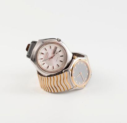  Deux montres bracelet d'homme : 
- EBEL 
Une en acier et or jaune (750), cadran...