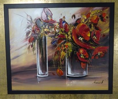 Olivier TRAMONI (1973) 

Nature morte aux deux vases fleuris.

Huile sur toile.

Signée...