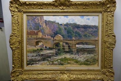 Maurice LEMAITRE (1929) 

Paysage au pont. 

Huile sur toile. 

Signée en bas à droite....