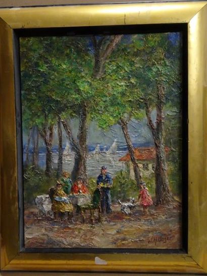 Wolfgang HEINZ UNSER (1929-) 

Repas au bord d'un lac en Bavière.

Huile sur carton.

Signée...