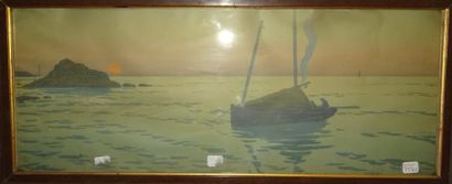 Henri RIVIERE (1864-1961) 

Bateau de pêche au soleil couchant.

Estampe en couleurs.

Cachet...