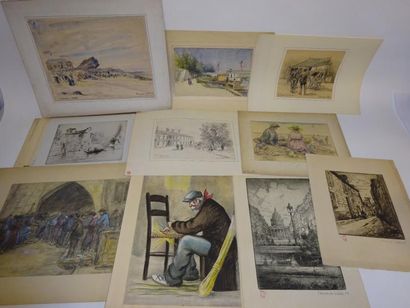 null Fort lot de gravures diverses et dessins dont Édouard Henri LÉON (1873-1968)....