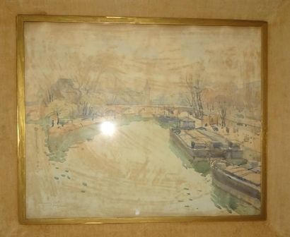 Ecole du XXème siècle. 

Pont sur la Seine.

Aquarelle sur papier.

Signée en bas...