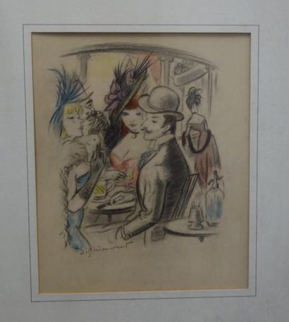 André DIGNIMONT (1891-1965) 

Scène de café. 

Encre et aquarelle. 

Signée en bas...