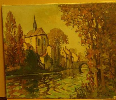 René ETEVE 

Eglise au bord d'une rivière.

Huile sur toile.

Signée en bas à droite.

55...