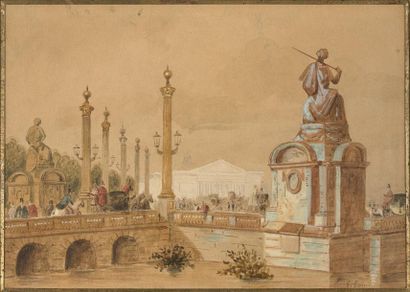 Eugène Louis LAMI (1800-1890) 

Place de la Concorde.

Aquarelle sur papier.

Signée...