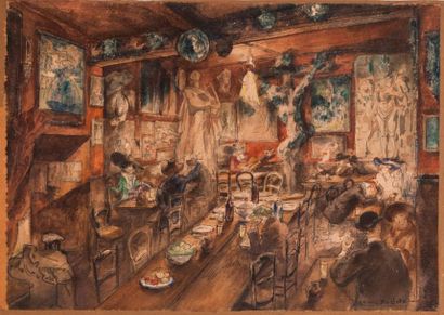 Georges TIRET-BOGNET (1855-1935) 

La salle de restaurant du Lapin Agile. 

Encre...