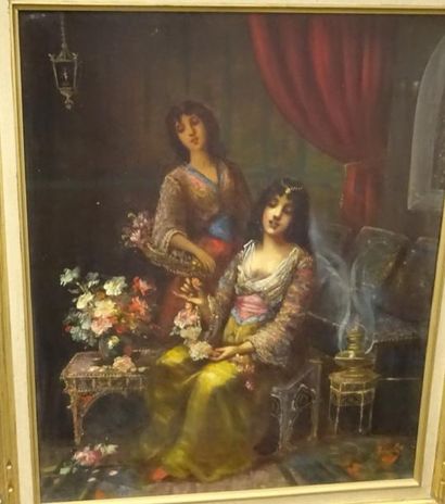 Frédéric BORGELLA (1833-1901) 
Femme, et sa suivante, façonnant un bouquet de fleurs,...