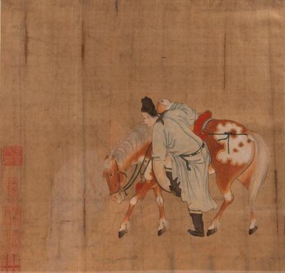 CHINE 

Palefrenier et son cheval.

Encre sur soie.

XIXème siècle

28 x 28,5 cm...