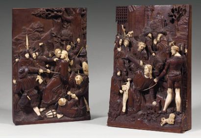null Deux bas-reliefs en bois de cèdre et ivoire, offrant des scènes de la Passion:...
