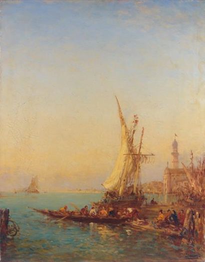 Félix ZIEM (1821-1911) Gondoles et marchands, quai des Esclavons. Huile sur panneau,...
