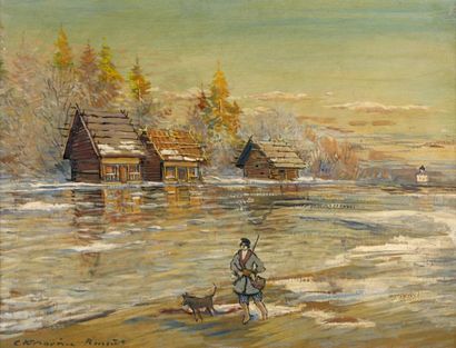 Constantin KOROVINE (1861-1939) Chasseur russe et son chien dans un paysage. Huile... Gazette Drouot