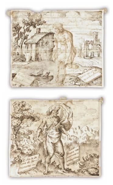 Ecole espagnole du XVIème siècle Figure d'homme drapé dans un paysage; 14,7 x 18...