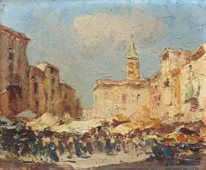 Mério AMEGLIO (1887-1970) Le marché. Huile sur panneau, signé en bas à droite. 22...