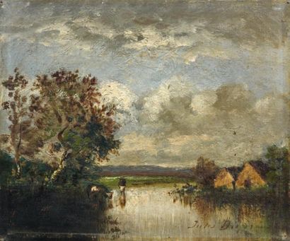 Jules DUPRÉ (1811-1889) Vaches au bord d'étang. Huile sur toile, signée en bas à...